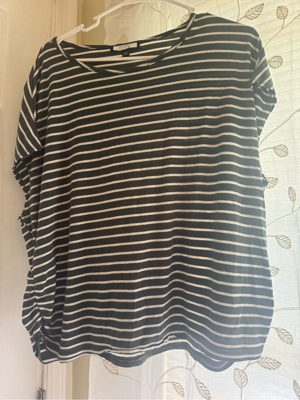 Striped Dark Olive & White Short Sleeve Women's Slightly Cropped Top